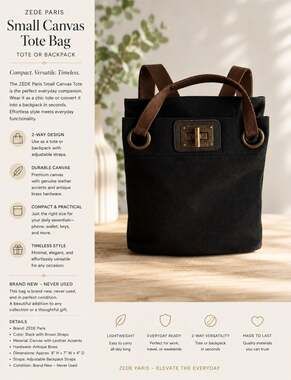 ZEDE Paris Small Canvas Convertible Tote Backpack Black